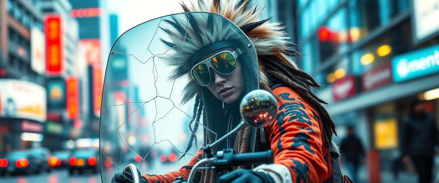 wall poster of transparent biker woman weasel rasta man with cute fur holding a huge dented glass pane cover, in big cyberpunk city crossover, volume light and motion blur, airbrush and pen outline