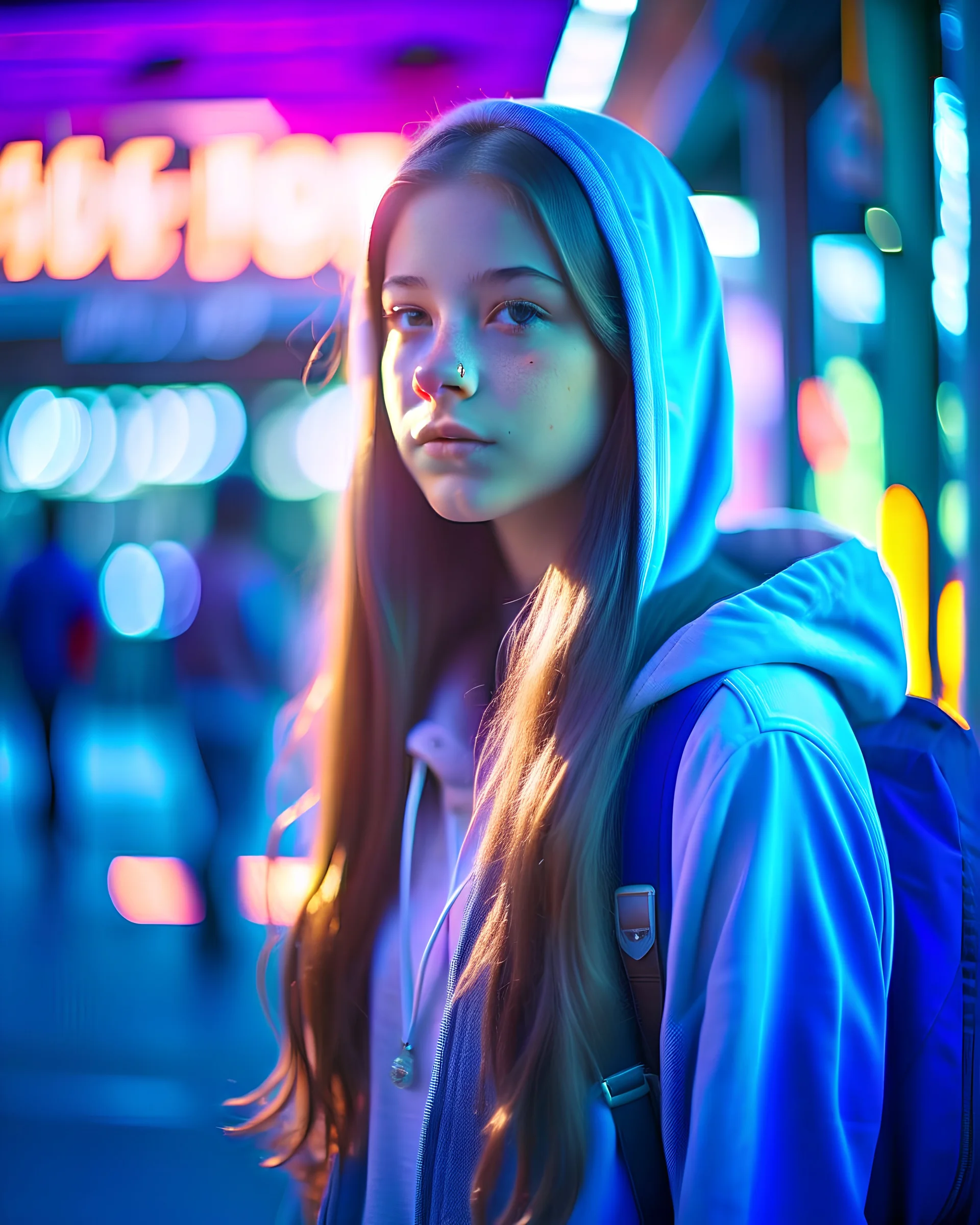 Cinematic epic analog film photo, detailed maximalist style, mild pasteltone coloring, 18yr old Beautiful cute attractive long straight hair school girl wearing hoodies and backpack, dynamic poses, futuristic dystopian, shy smiling at busstop, masterpiece by Nolan Kubrick Snyder Lucas Spielberg HRGiger Lovecraft, depth of field chromatic aberration lens flare