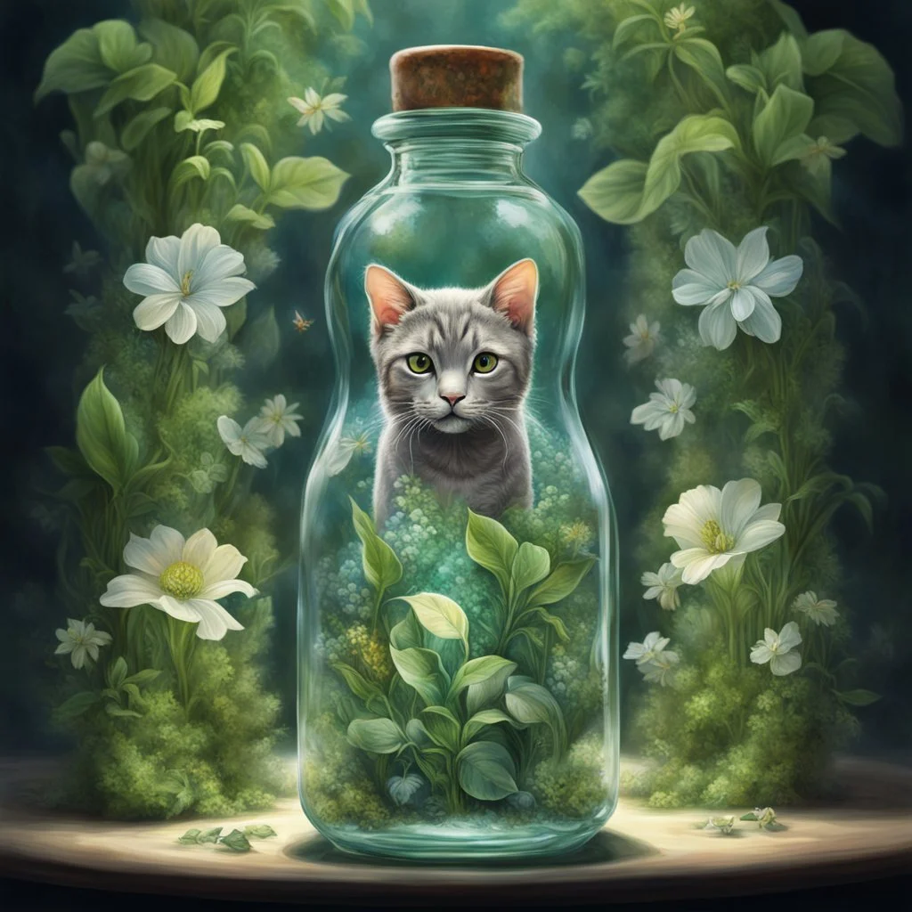 a lttle cat symmetrically centered, secures itself within a transparent glass bottle,contrasting with the wealth of verdant flora encasing it. teems within the confines, leaves, stems, and petals vie for space, an intricate greenery around the elefant. The glass bottle itself, clear captures the spectacle with a kind of crystalline magnification effect art by greg rutkowski, sarah kay and mark keathly