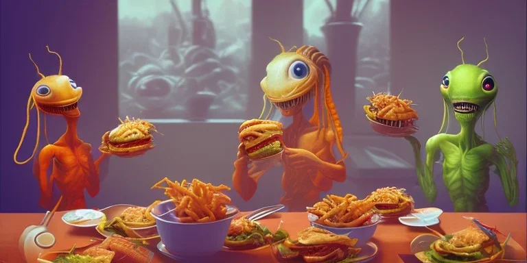 ghetto aliens in clothes enjoying fast food on earth