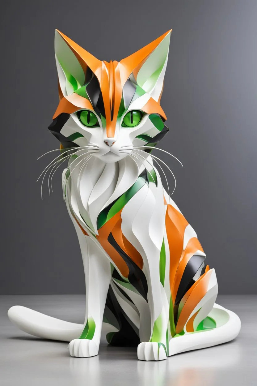 Sculpture of a beautiful cat with long, wavy, thick hair, pointed ears, bright green eyes, Zaha Hadid style, orange, black and white colors, ultra quality, (((full body))), sitting on the floor