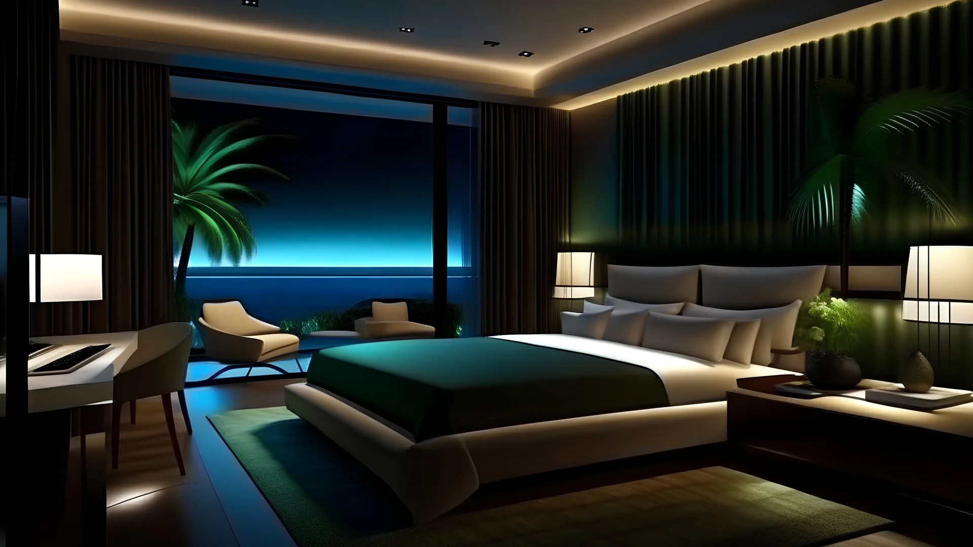 hotelroom, big bed, modern and light furniture, big windows, palmtrees and the sea, nighttime