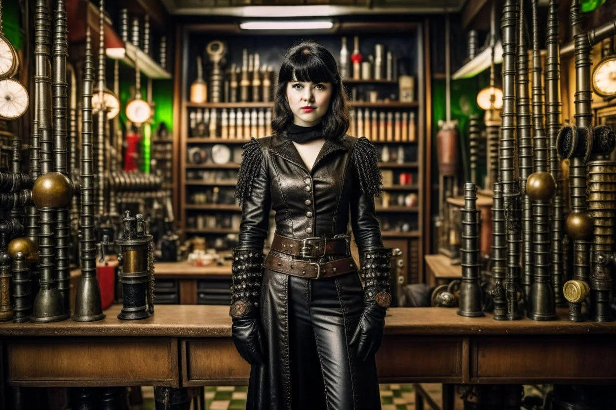 full-length pale dark-haired woman with a straight bob hairstyle with a fringe, in a steampunk leather outfit, and gloves, standing in a laboratory