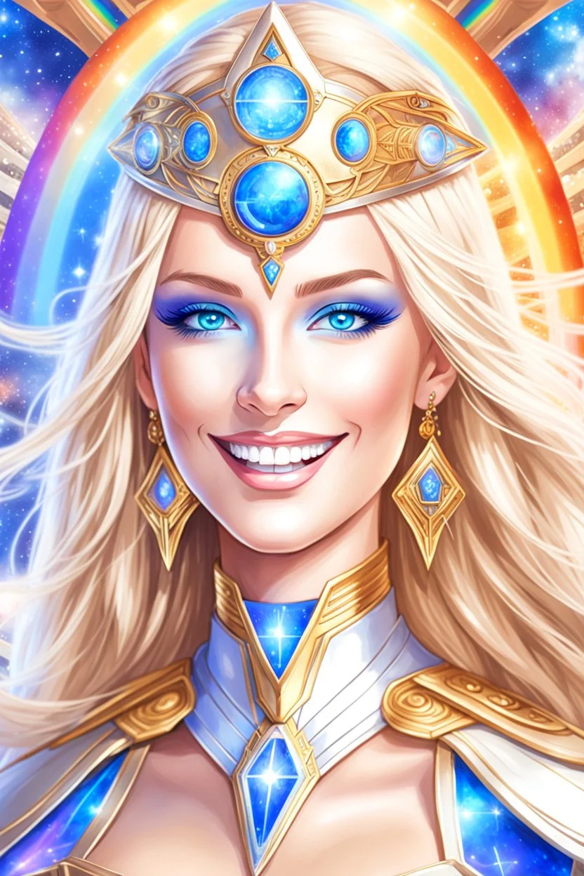 cosmic woman smile, admiral from the future, one fine whole face, crystalline skin, expressive blue eyes,rainbow, smiling lips, very nice smile, costume pleiadian, Beautiful tall woman pleiadian Galactic commander, ship, perfect datailed golden galactic suit, high rank, long blond hair, hand whit five perfect detailed finger, amazing big blue eyes, smilling mouth, high drfinition lips, cosmic happiness, bright colors, blue, pink, gold, jewels, realist, high commander,ufo rainbows