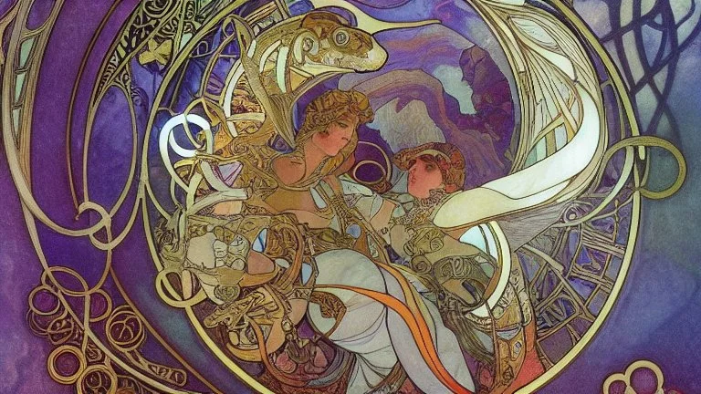 art by Alfons Mucha and Patrick Woodroffe, stained glass motif, bilateral symmetry, Ouroboros, infinity symbol, mystical, mechanistic, metaphysical, serpentine, cosmic, nebula, HD 4K, sharp detail, photo-realistic, octane rendering, award winning photography, cinematic lighting