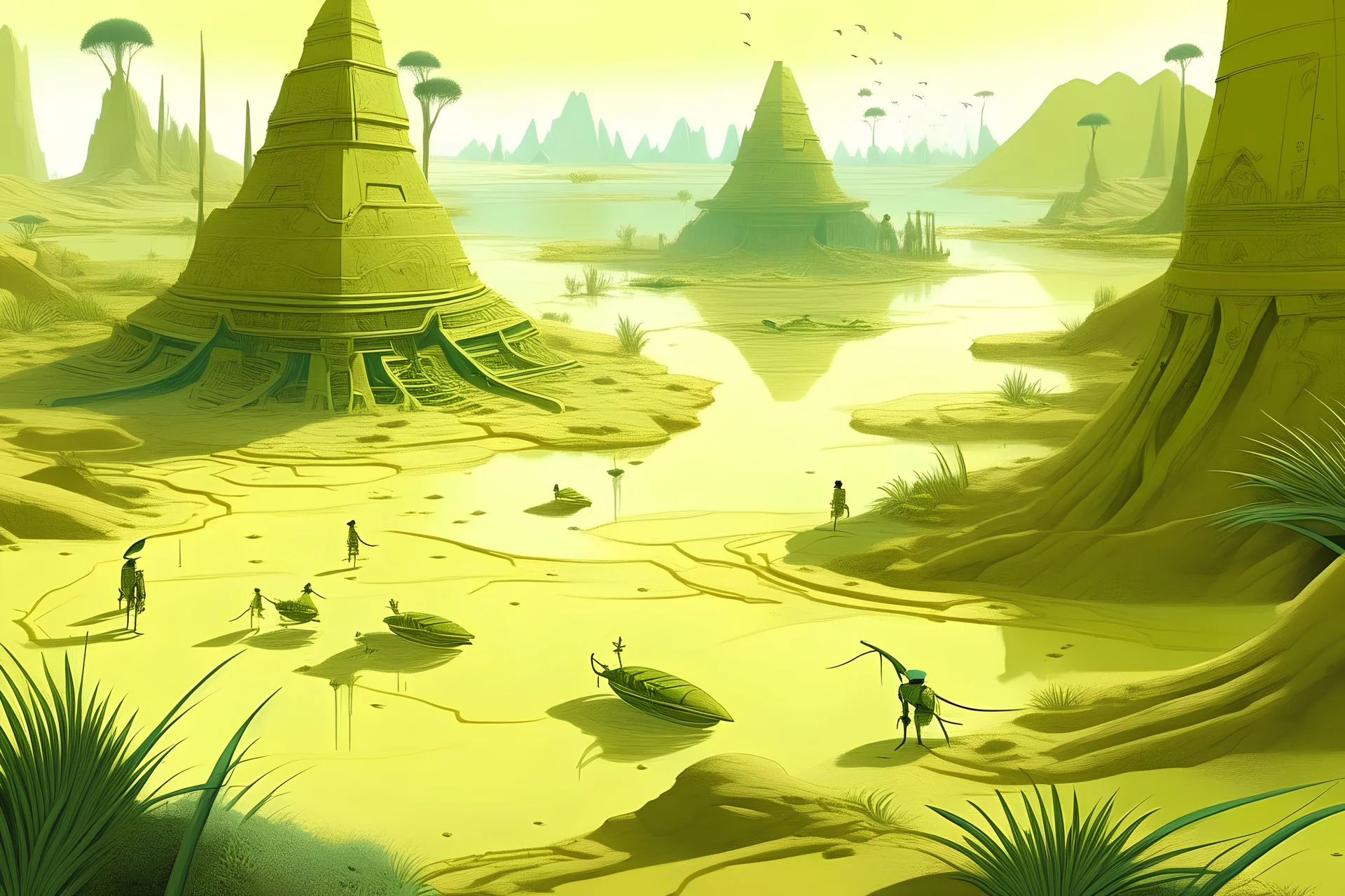 A light yellowish green swamp with bugs in daylight designed in ancient Egyptian hieroglyphics painted by Zhang Lu