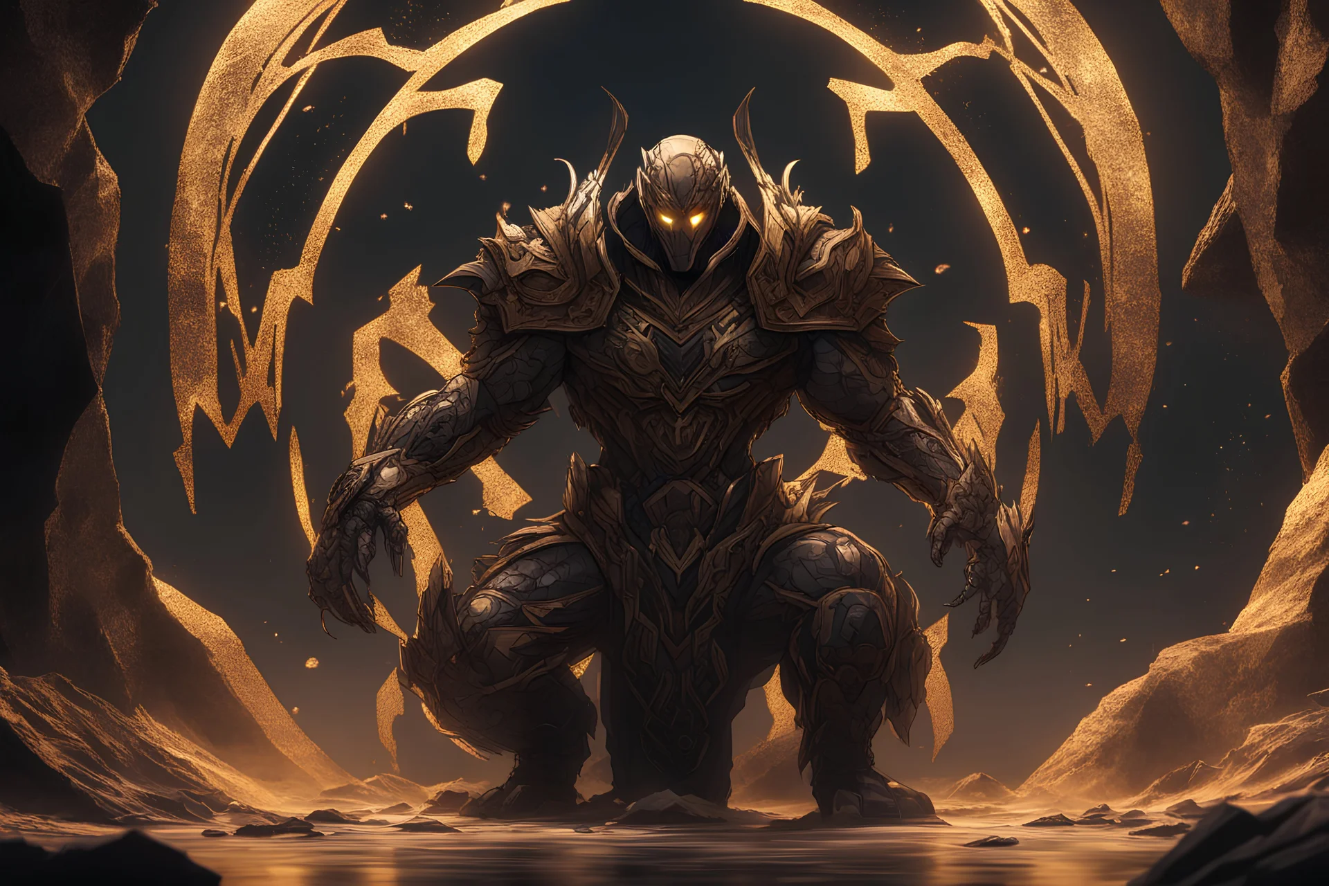Sand Man Golem in 8k solo leveling shadow artstyle, Crystal and Symbiote them, neon effect , cover face, magic circle, close picture, deferent arms, full body, apocalypse, intricate details, highly detailed, high details, detailed portrait, masterpiece,ultra detailed, ultra quality