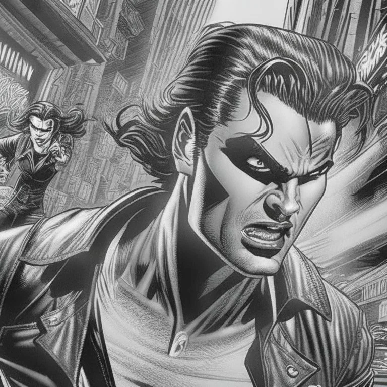 Sincity comic, a vampire running. Closeup.