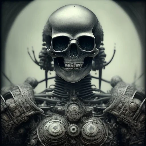 a skeleton warrior wearing samurai armor in hr giger style, steam punk, realistic, made in octane, cinematic, ultra-realistic, extremely detailed octane rendering, 8K, VRAY Super Real ar 2:3, dof photorealistic futuristic 50mm lens hard lighting dark gray tintype photograph, realistic lighting, sepia color