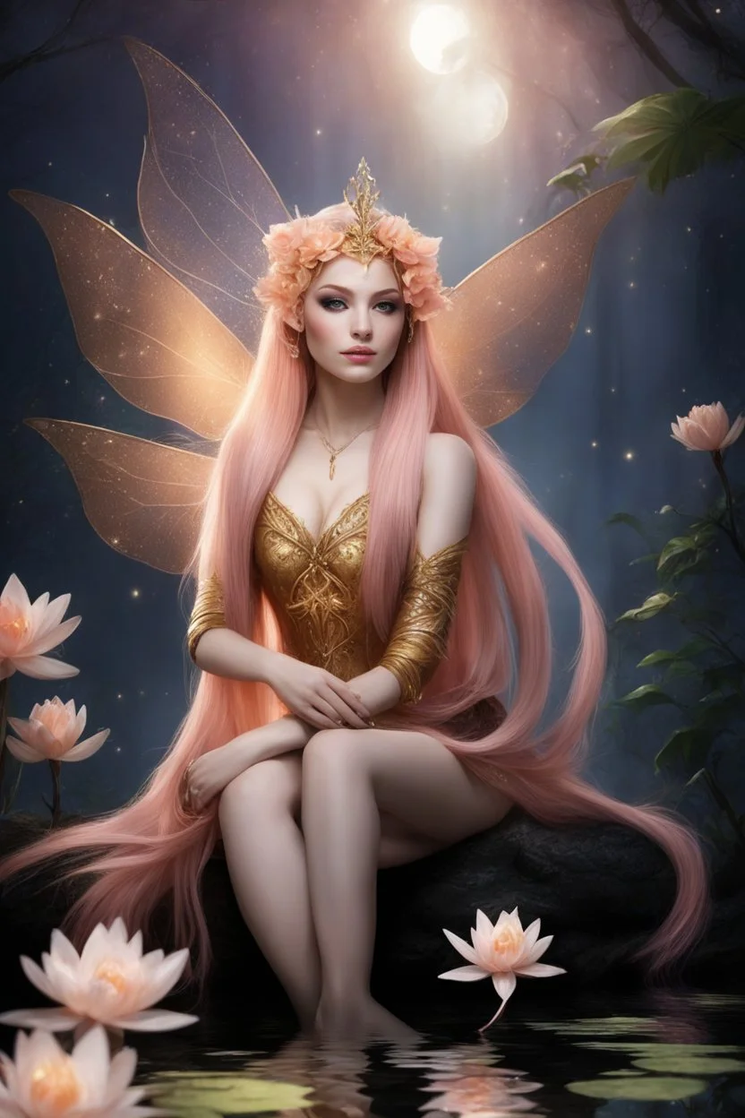 Peach hair , light peach hair, dark,night dark gold,gold,golden,rapunzel hair,dragonflies,water lilies, night,light,,butterflies,elven ears,dark fairy ,night sky,stars,princess,nymph,sparkle,glitter,orchids