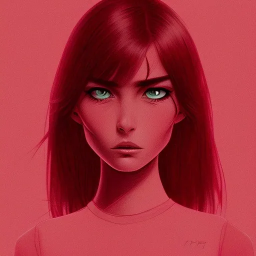 crystal clear blue eyes, and dark pink hair, teardrop shaped eyebrows, woman, angry expression, pointy ears, long hair