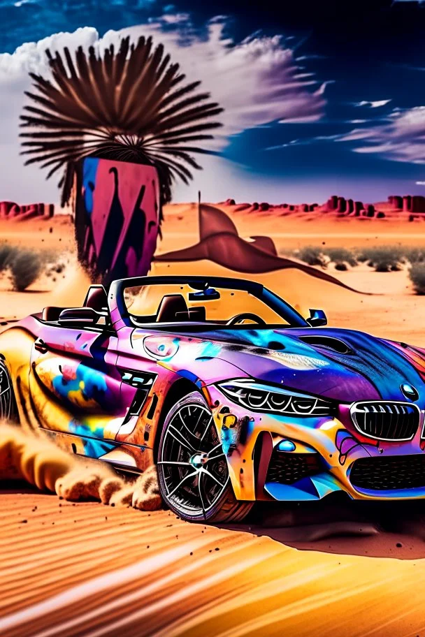 a realistic photo of a bmw z4,the car is spray painted with graffiti, desert background with sand storm to make the car stand out, colorful and stylish graffiti, 12k highly detailed and realistic , Masterpiece, dramatic product shot