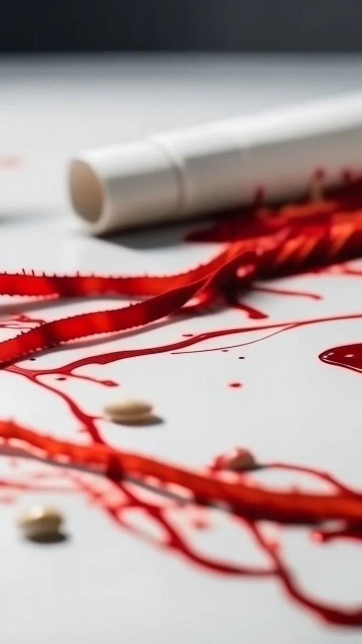 blonde hair strands on white fabric with measuring tape and drops of blood.cinematic