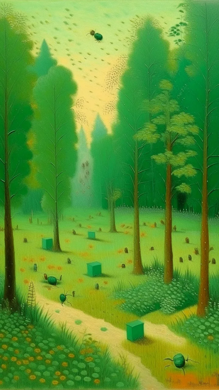 Mint colored woods with insect hives painted by Georges Seurat
