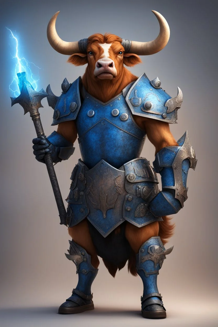 Bevo, the Texas Longhorn as a minotaur wearing black plate armor, trimmed in shiny blue, holding a mace crackling with thunderous energy