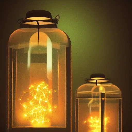 glowing fireflies in a lantern, many ghostly lights inside a belljar, fairy lights, polaroid, symmetry, bioluminescence, luminescent glow, moody, tender, photorealistic, octane render, golden hour