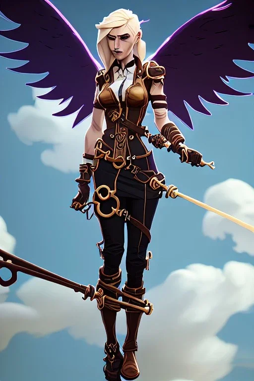 clouds, blonde steampunk angel holding staff, majestic