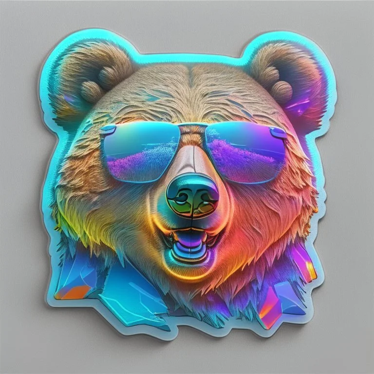 sticker on white background, 3d Head of a Bear with sunglasses, psychedelic, octane render, unreal engine 5, DMT art, funny, smiling