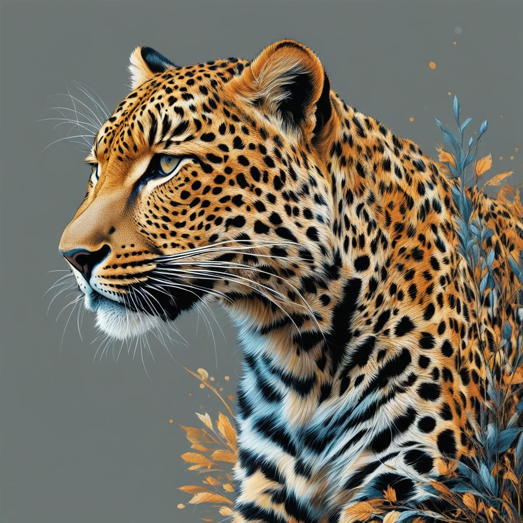 Imágen de arte lineal de leopardo, calidad ultra, hiperdetallado, 8k, colores complementarios