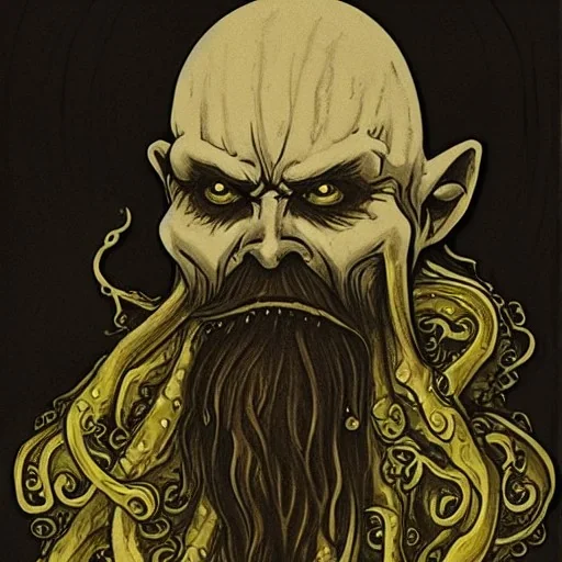 Cthulhu with white skin and a beard made of fleshy tentacles as a Russian Orthodox nosferatu vampire with yellow eyes and vampire fangs