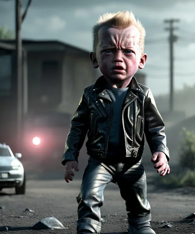 The Terminator toddler, fixed eye, full body, dramatic lighting, angry, hyper realistic