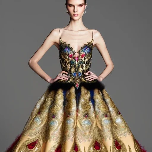 stunning couture gown designed by Marchesa inspired by fairies, realistic epic elegant fantasy colors in gold and black and red,decorated with precious stones, detailed, high quality, intricate, fantasyland background,