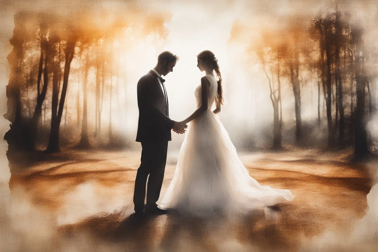 double exposure, merged layers, painted and burned burlap, wedding scene, melting watercolor and black ink outlines on wet paper, soft, shading strokes, in sunshine, ethereal, otherwordly, cinematic postprocessing, bokeh, dof