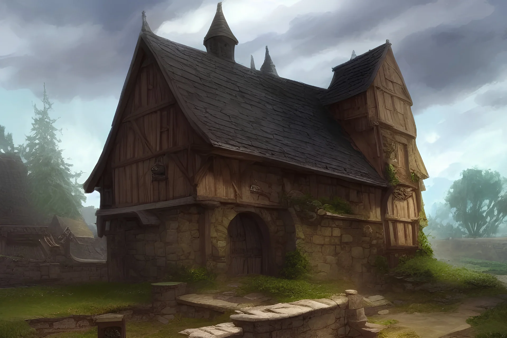 a small medieval hamlet, fantasy, d&d, concept art, sharp focus, trending on artstation, digital painting, midday, sunny, beautiful, texture, wizards of the coast, tabletop, roleplay