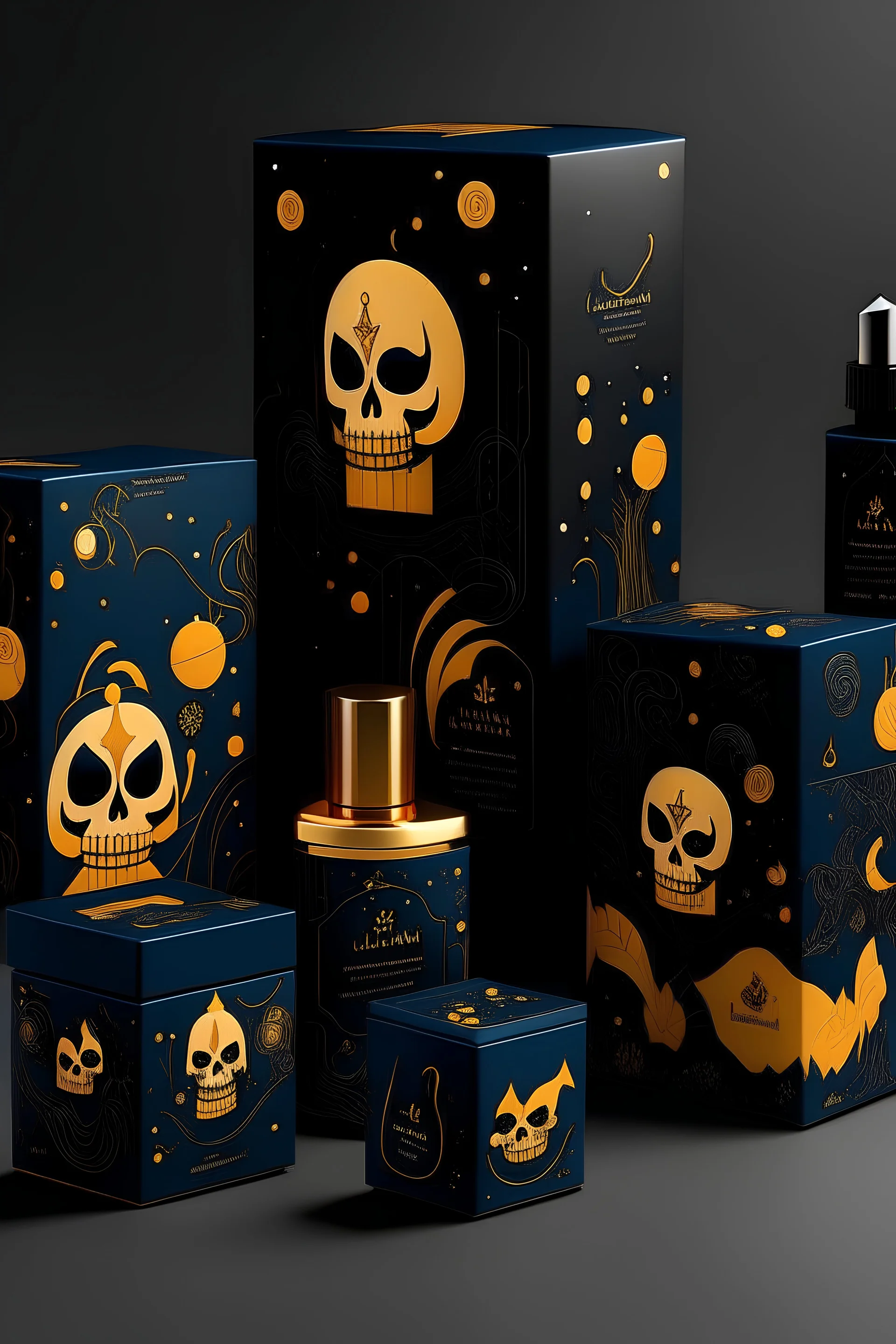 Cosmetic packaging in a Halloween theme. Featuring graphic outlines of pumpkin, bat, moon, skull, and ghosts. In navy blue, gold, and black colors. Please arrange the packaging in an interesting style, ideal for Instagram.