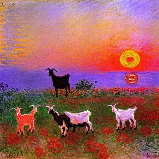 Goats with flowers sunset bright colors by Claude Monet