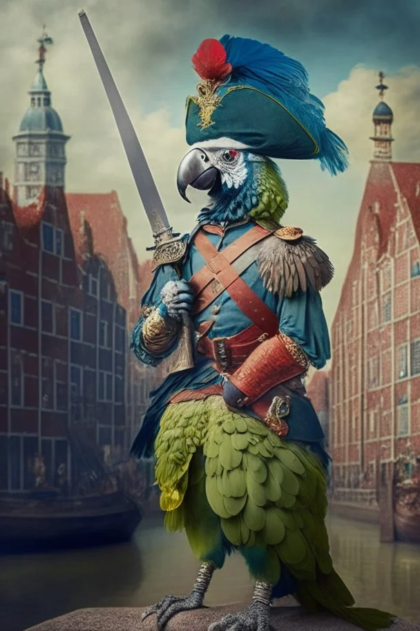 Half parrot half human in a 1700s Dutch military uniform holding a sword next to a Dutch city