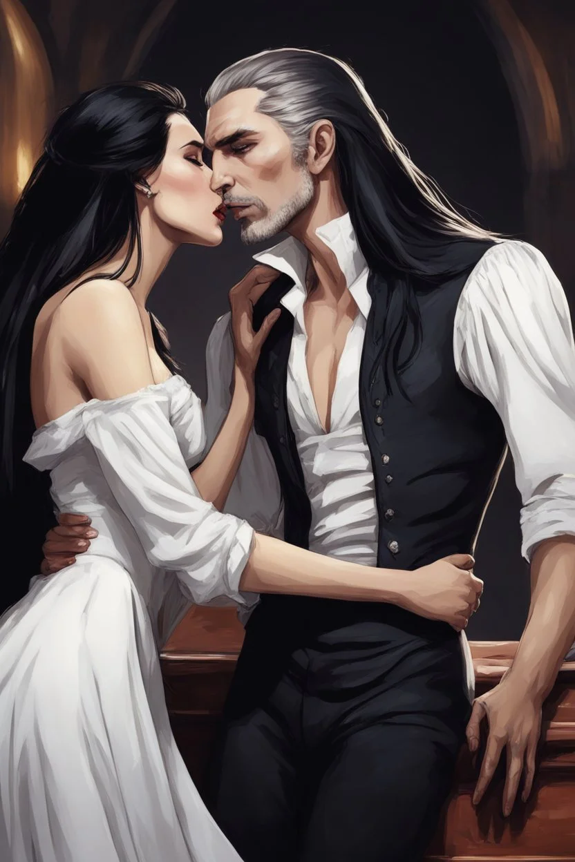 Strahd Von Zarovich being kissed on the neck by a beautiful woman with white hair, wearing an off the shoulder dress. Settling and background are a lavish toomb with an ebony coffin.