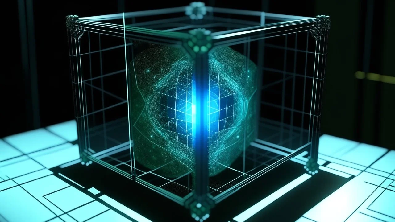 Cube tesseract from movie Loki. Tesseract size half of image. Located strictly in the middle of picture with space around it and with navy blue/green glow inside tesseract. Without surface/table on which it stay.