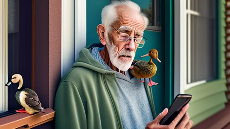 confused older man using cellphone on his porch trying to get the ducks to leave