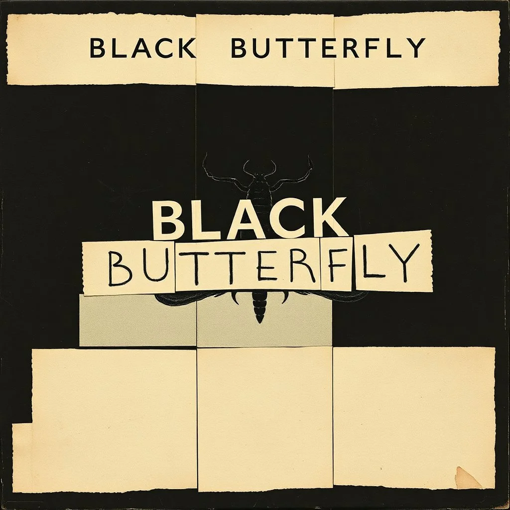 scrapbook composition, grainy matte oil painting, faded primary colors, dark negative space, TEXT "BLACK BUTTERFLY", nihilistic, segmented separated biologic meandering coherence across multiple oblong panels, minimalism, foreboding, deconstructivism, distorted anthropomorphic finger organisms, existential pessimism