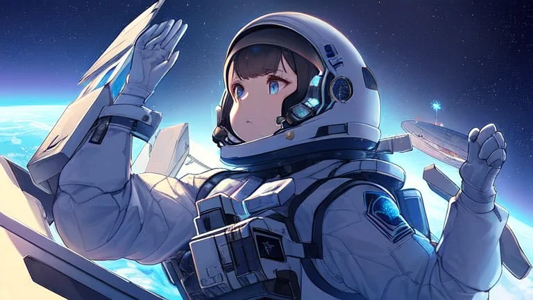 Female Astronaut looking out into space from a small window on her spaceship, in the style of Perfect Blue, Somber, beautiful planets, stars