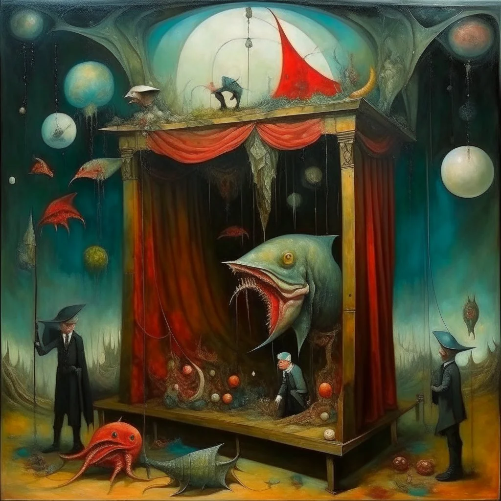 Dystopian draconian voting booth infinity stretch horror by Hieronymus Bosch in a dramatic abstract surrealistic matte oil painting, sinister, profound, dramatic, fantastical, maximalism, intricate detail,