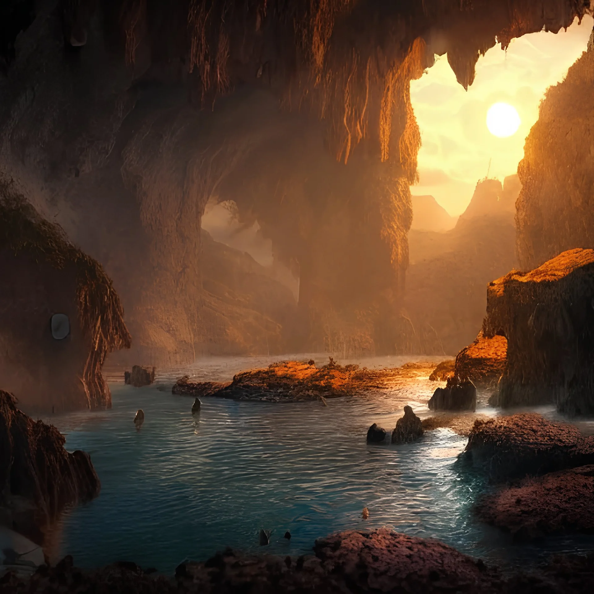 caves, water, sunset detailed matte painting, deep color, fantastical, intricate detail, splash screen, complementary colors, fantasy concept art, 8k resolution trending on Artstation Unreal Engine 5, no-signature, no-watermark