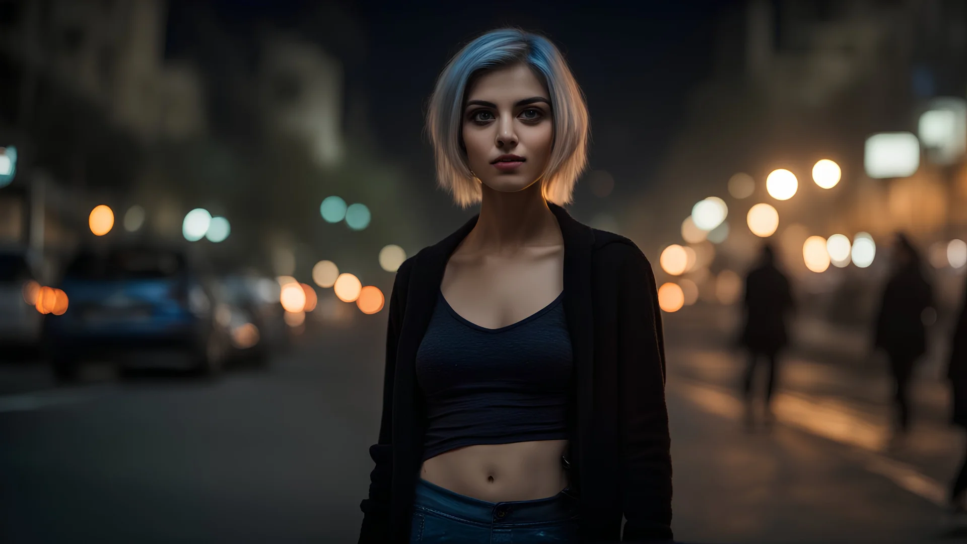 beauty photo of an Iranian girl Tehran, 27 years old, with blue blonde very short hair, she is wearing a thin miniskirt . Thin black nylon tights in the middle of a chaotic street in Tehran, the scene is full of tension and unrest because the flames Fire illuminates the night sky in the background, a stunning surreal shot of an intense scene. Accurate expression of his face and body .