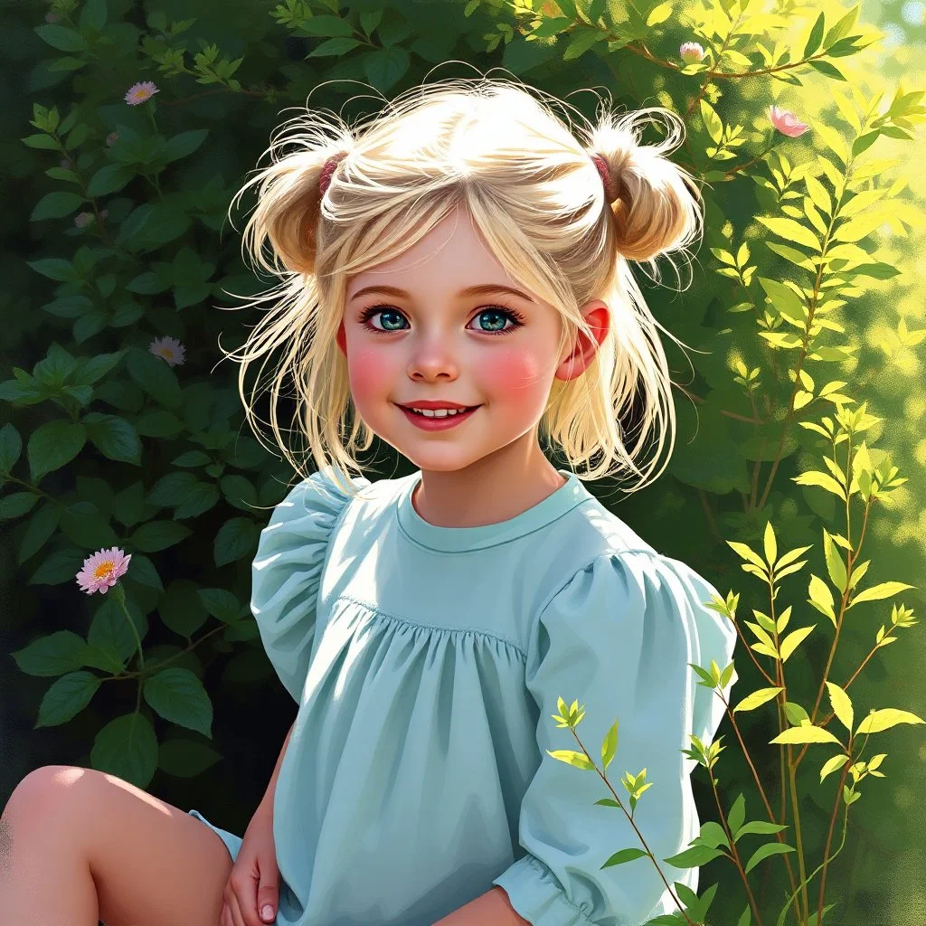 a pretty girl, age 8, blonde hair in bunches, playing outside by the bushes, digital painting, stylised