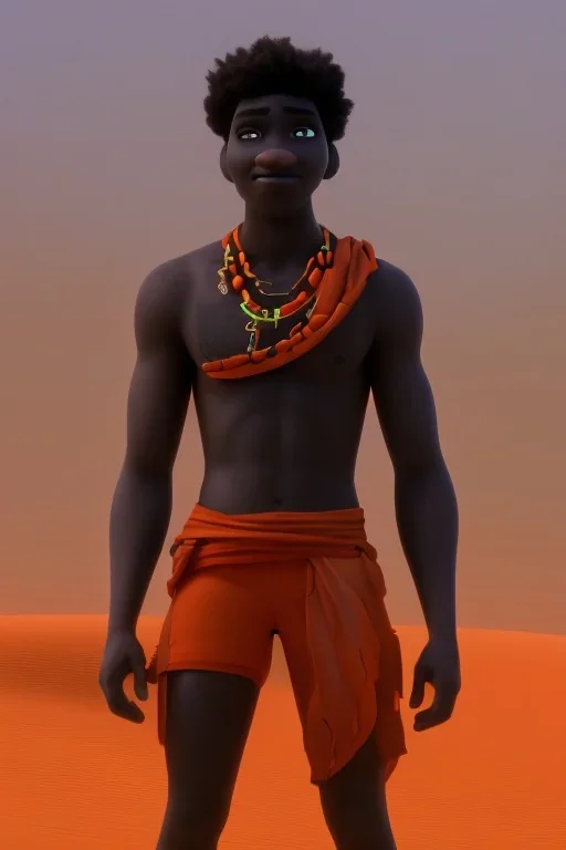 3D render of a cyberpunk tribal young black man, black afro hair, ragged shirt, on a orange dune background, digital art