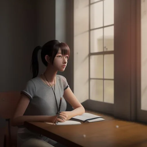 female student studying by the window, anime style, unreal engine 5, sun light, studio lighting --ar 1:1 --v 4