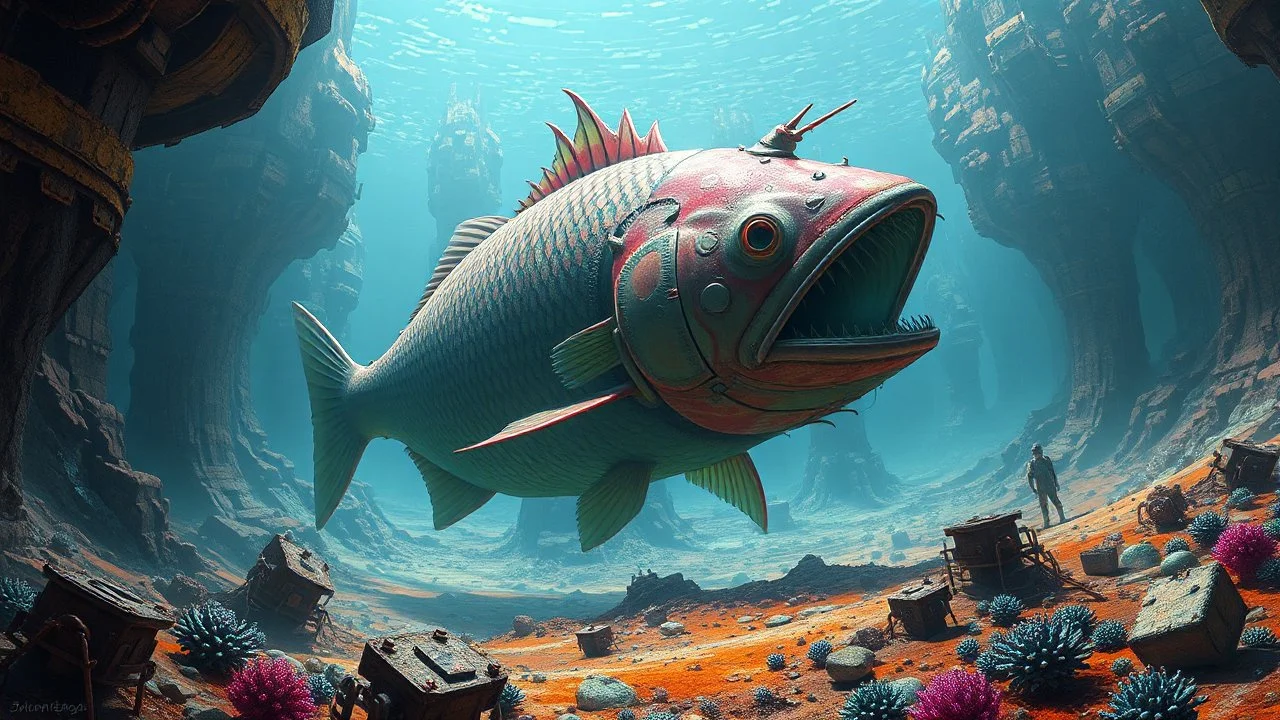 Surreal concept art of a deep sea fish swimming in a land made of metal, vibrant colors, intricate details, by Simon Stålenhag and Kilian Eng, (long shot), futuristic technology, sci-fi elements.