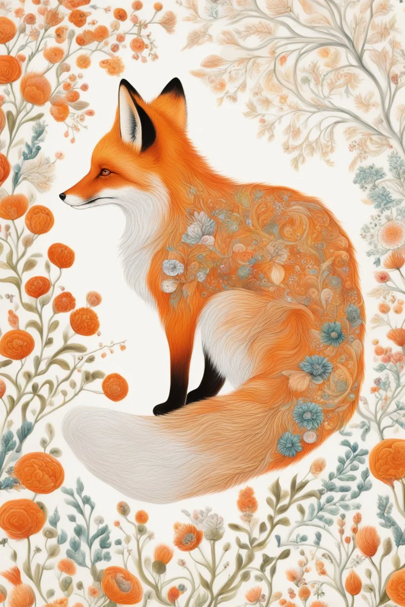 A stunning and vivid painting of a fox, illustrated with intricate detail, surrounded by an array of exquisite floral and ornamental designs. The fox, with its vibrant orange and white fur, is shown in a side profile, gazing intently off into the distance. The fur of the fox is adorned with various flowers, leaves, and other natural elements, creating a harmonious blend of wildlife and art. The background is predominantly white, providing a clean canvas that allows the fox and its adornments to