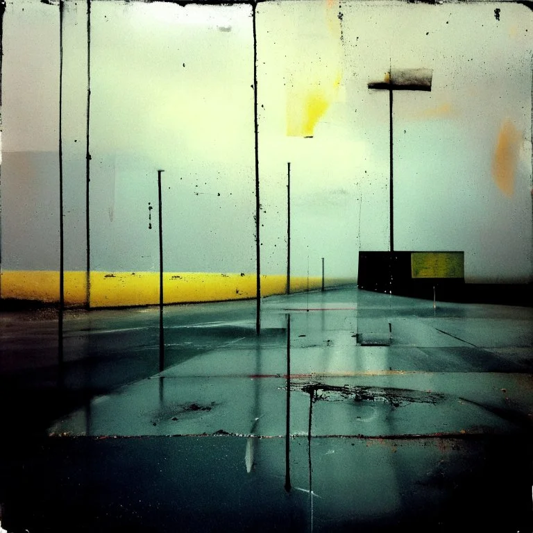 Minimal abstract oil paintings desolate 1960s carpark concrete fragments in a rain storm. style of Justin Mortimer and Francis Bacon. road markings.