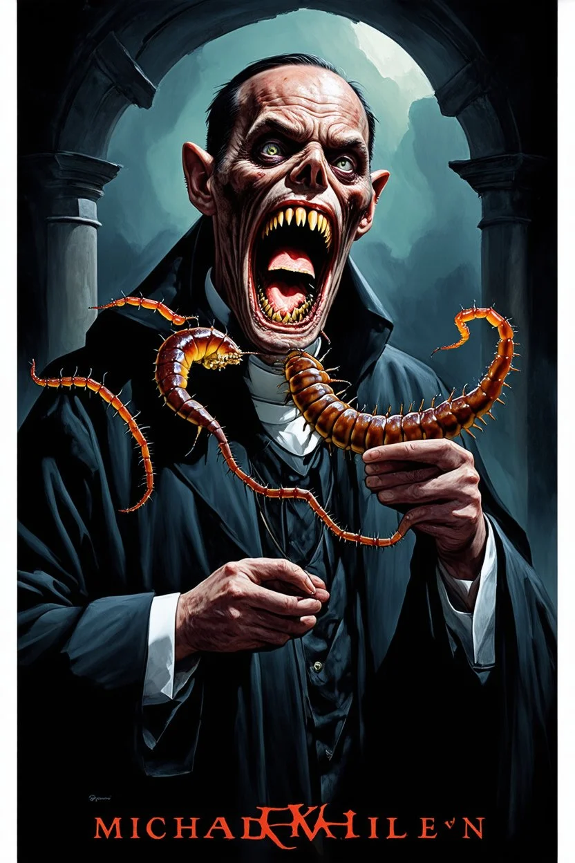 Lovecraftian color poster, zombie priest with a giant centipede coming out of mouth, stylish, surreal, by Michael Whelen, by Dariusz Klimczak, ink wash mind-bending color oil painting, dark shine war, by Phlegm