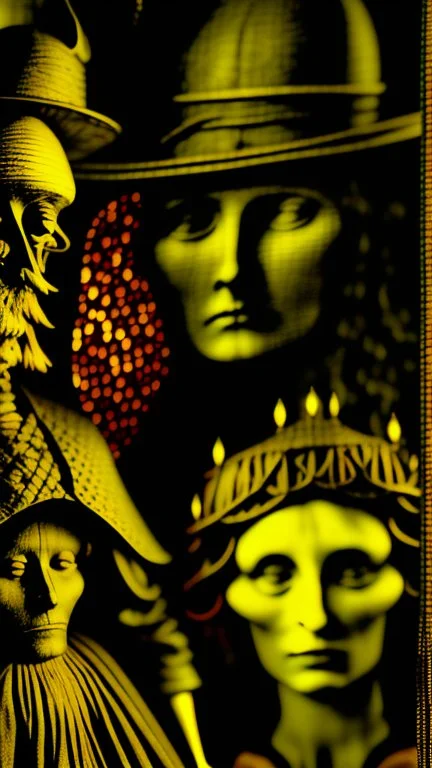 Daguerrotype close up some mysterious figures, odd background, cinematic, Hieronymus Bosch Max Ernst ambient light, by Minicavio Quollati and Marlost Endgulp, Amano, Botticelli, Alphonse Mucha