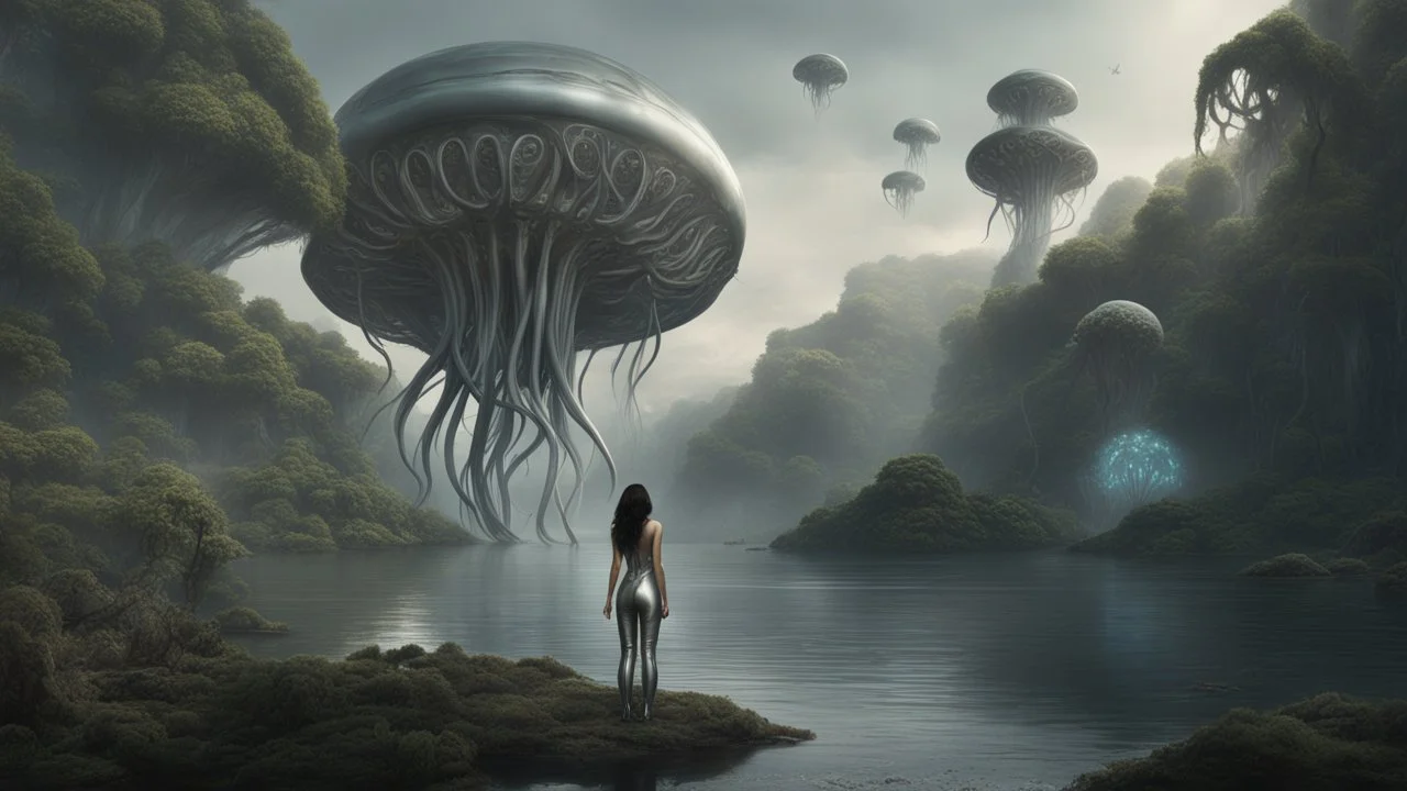 Detailed matte painting of a wide-angle shot of a woman, standing on the left side of the shot, with dark hair in a silver robotic catsuit, many large floating jellyfish with octopus tentacles, alien jungle trees in the distance, with an alien beach and lake