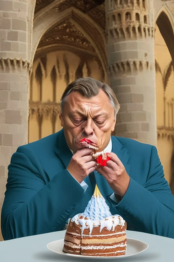 sad viktor orban eating cake in a castle