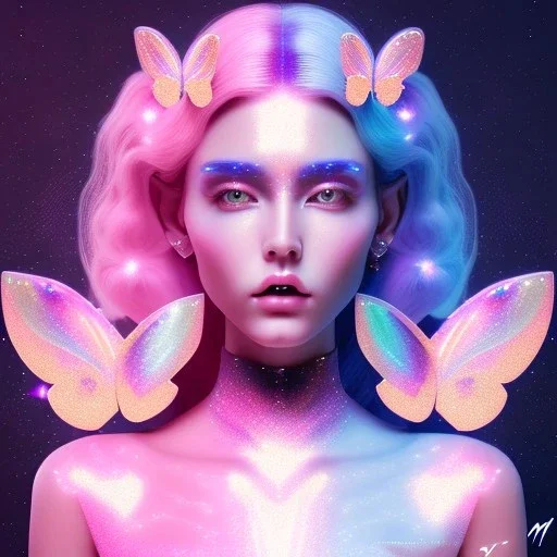 Entire body butterfly woman glitter pink and blue in a galactic ambiance, delicate colors in the foreground, full of details, smooth, light effect，vaporwave colorful, smooth, extremely sharp detail, finely tuned detail, ultra high definition, 8 k, unreal engine 5, ultra sharp focus